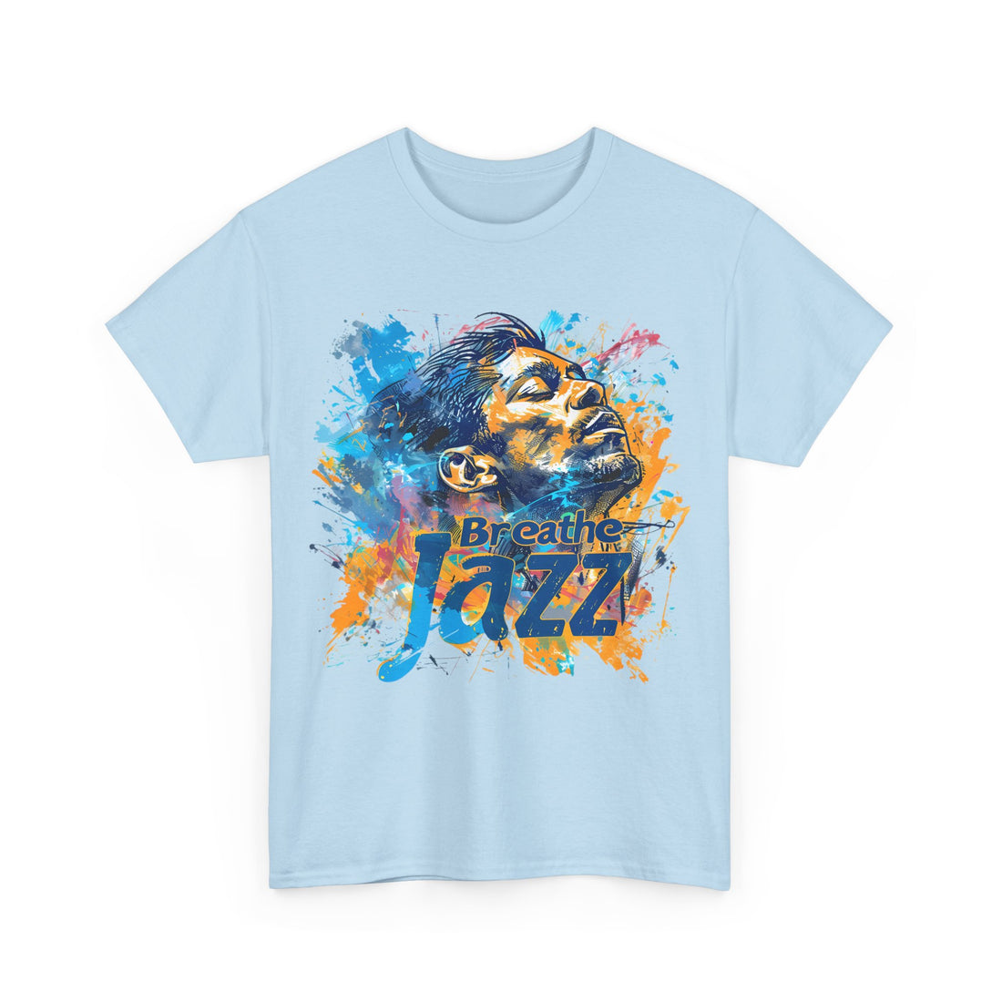 A light blue t shirt with a man looking to the sky with the words ‘Breathe Jazz’ embossed in the  design