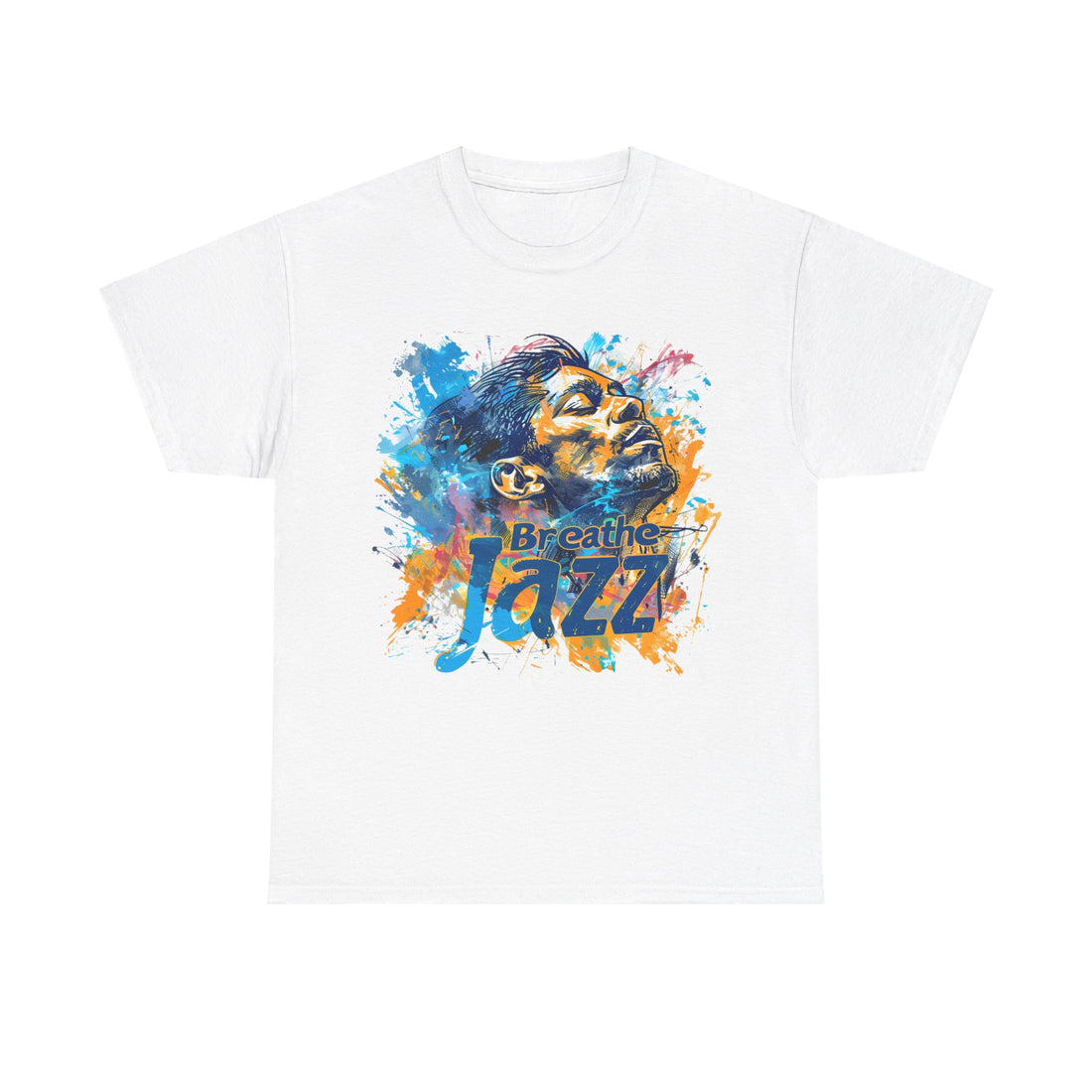 A white t shirt with a man looking to the sky with the words ‘Breathe Jazz’ embossed in the image.