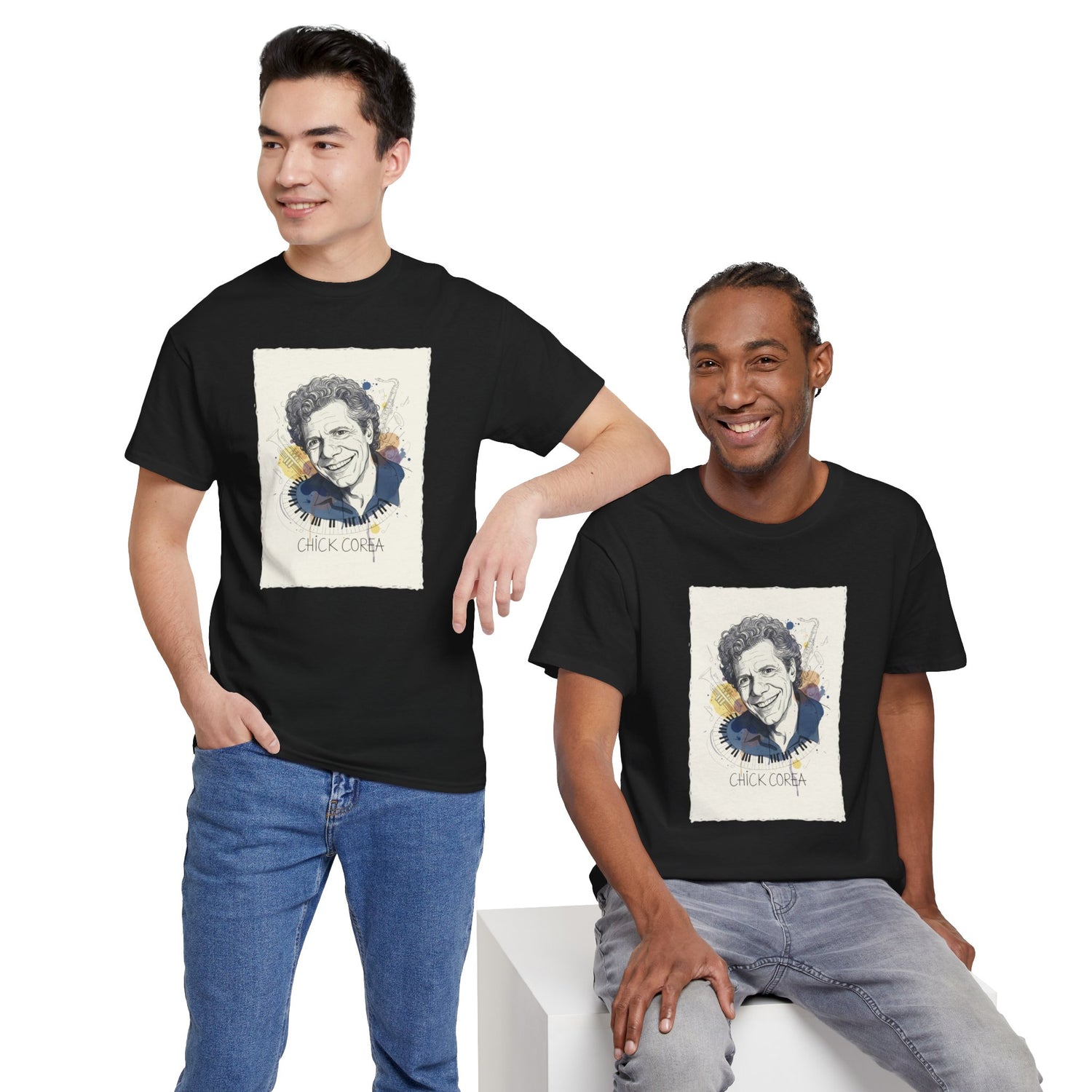 Two men wearing black t-shirts with a graphic design of Chick Corea.