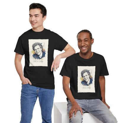 Two men wearing black t-shirts with a graphic design of Chick Corea.