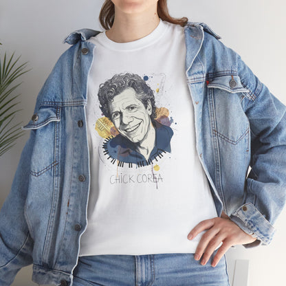 Person wearing a white t-shirt with a graphic of Chick Corea and a denim jacket.