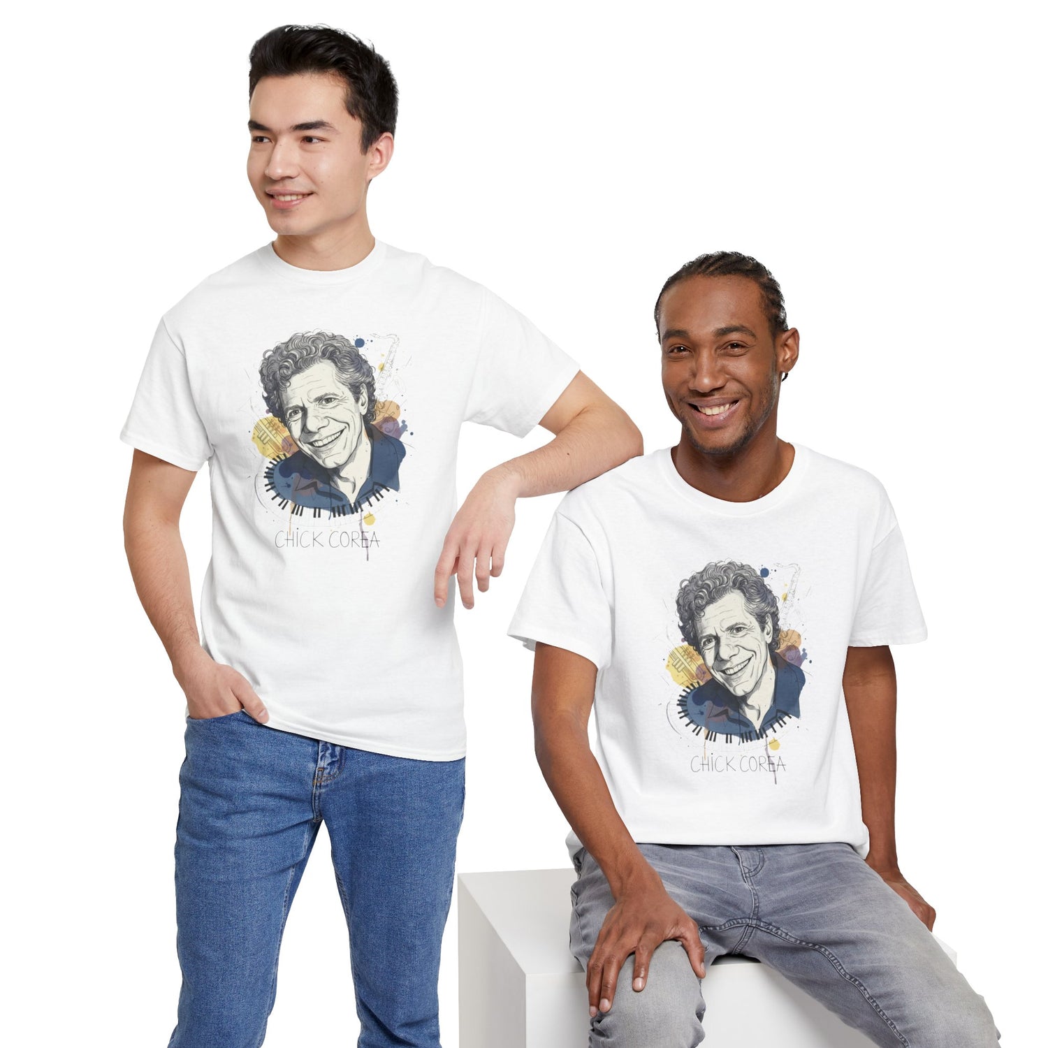 Two men wearing white Chick Corea t-shirts.