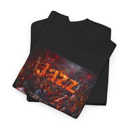 Black t shirt with an ensemble of black jazz musicians playing instruments. The word ‘Jazz’ is embossed into the image.