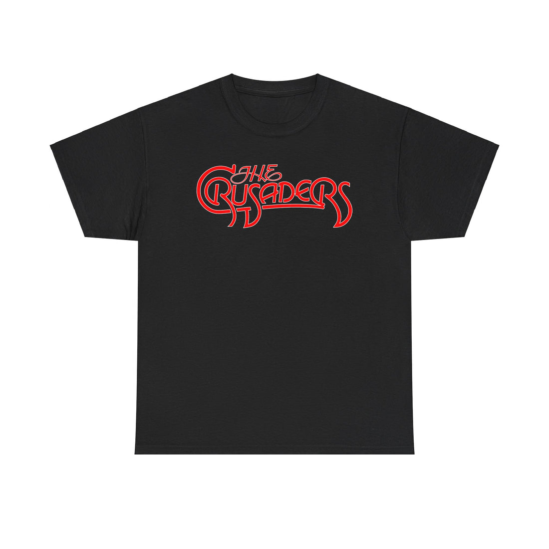A black t shirt with the logo of the Crusaders jazz band in red with white border.