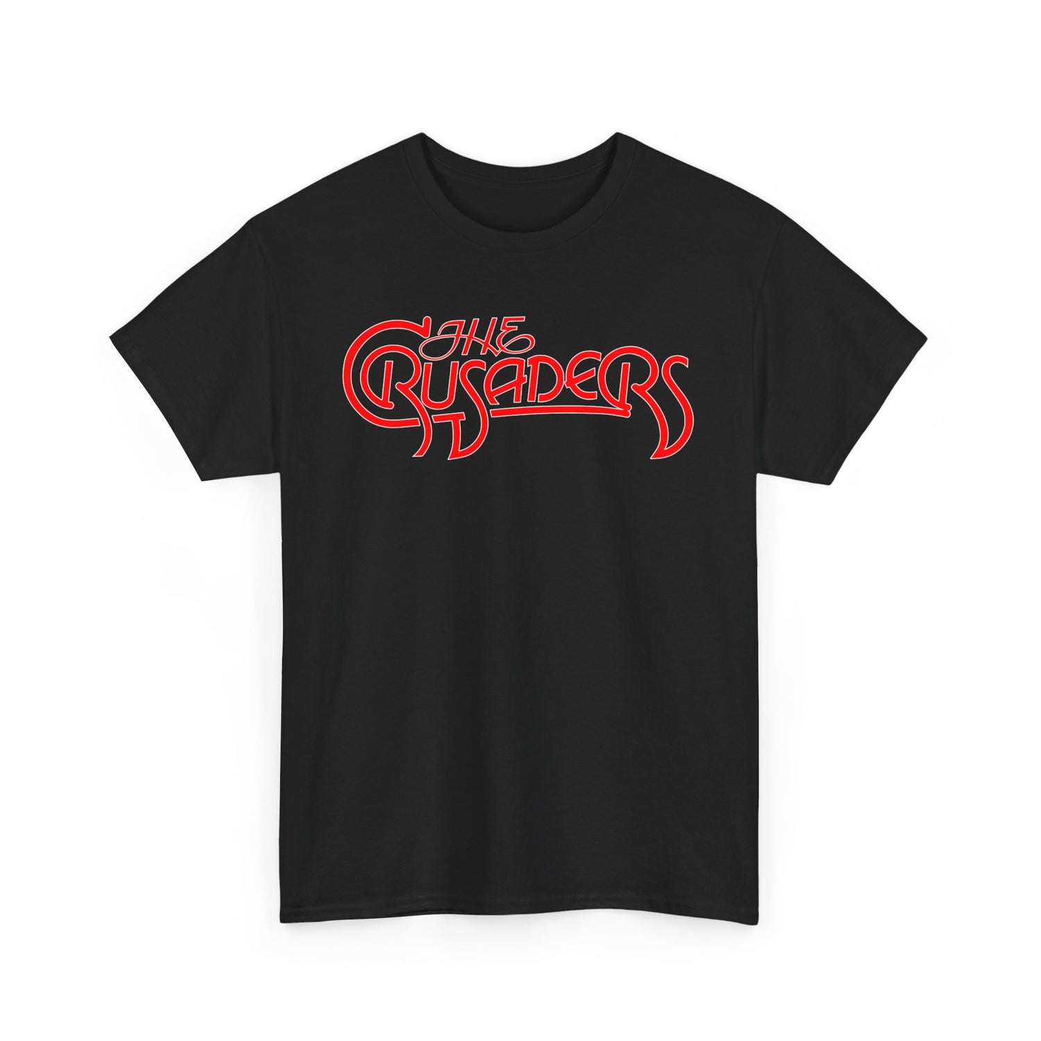 A black t shirt with the logo of the Crusaders jazz band in red with white border.