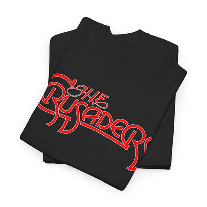 A black t shirt with the logo of the Crusaders jazz band in red with white border.