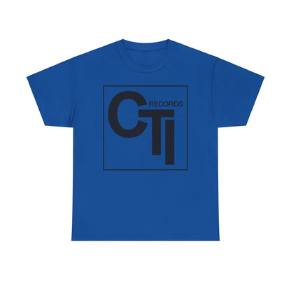 CTI Records Logo in black text on multi coloured t-shirts