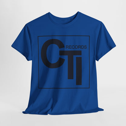 CTI Records Logo in black text on multi coloured t-shirts