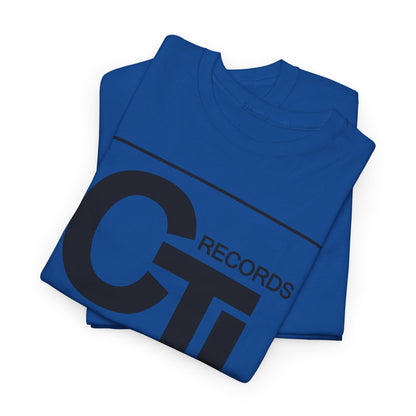 CTI Records Logo in black text on multi coloured t-shirts