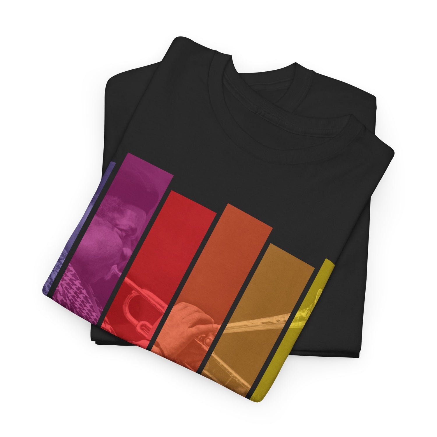 A black t shirt with the image of Dizzy Gillespie transposed into multi coloured blocks with his name underneath.