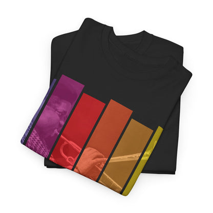 A black t shirt with the image of Dizzy Gillespie transposed into multi coloured blocks with his name underneath.