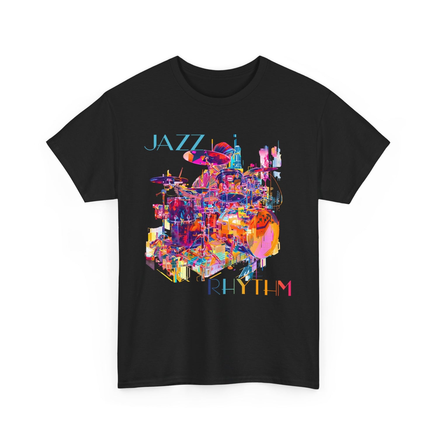 A black or white t shirt with a multi coloured design of a drummer playing. The text says ‘Jazz Rhythm’