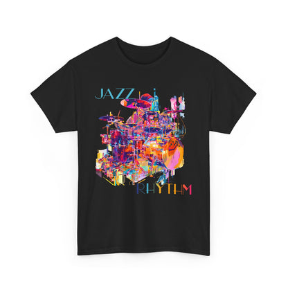 A black or white t shirt with a multi coloured design of a drummer playing. The text says ‘Jazz Rhythm’