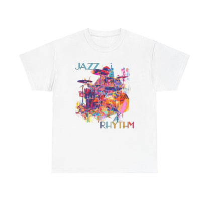 A black or white t shirt with a multi coloured design of a drummer playing. The text says ‘Jazz Rhythm’
