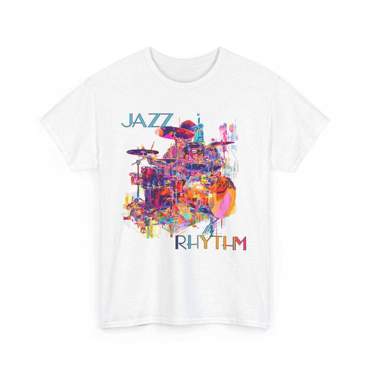 A black or white t shirt with a multi coloured design of a drummer playing. The text says ‘Jazz Rhythm’