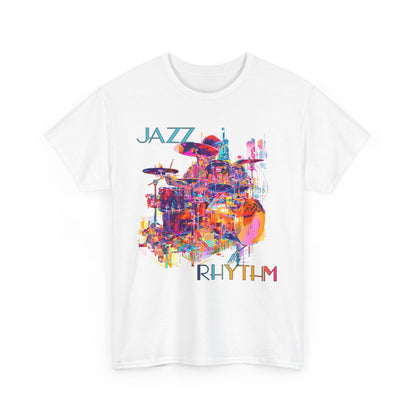 A black or white t shirt with a multi coloured design of a drummer playing. The text says ‘Jazz Rhythm’