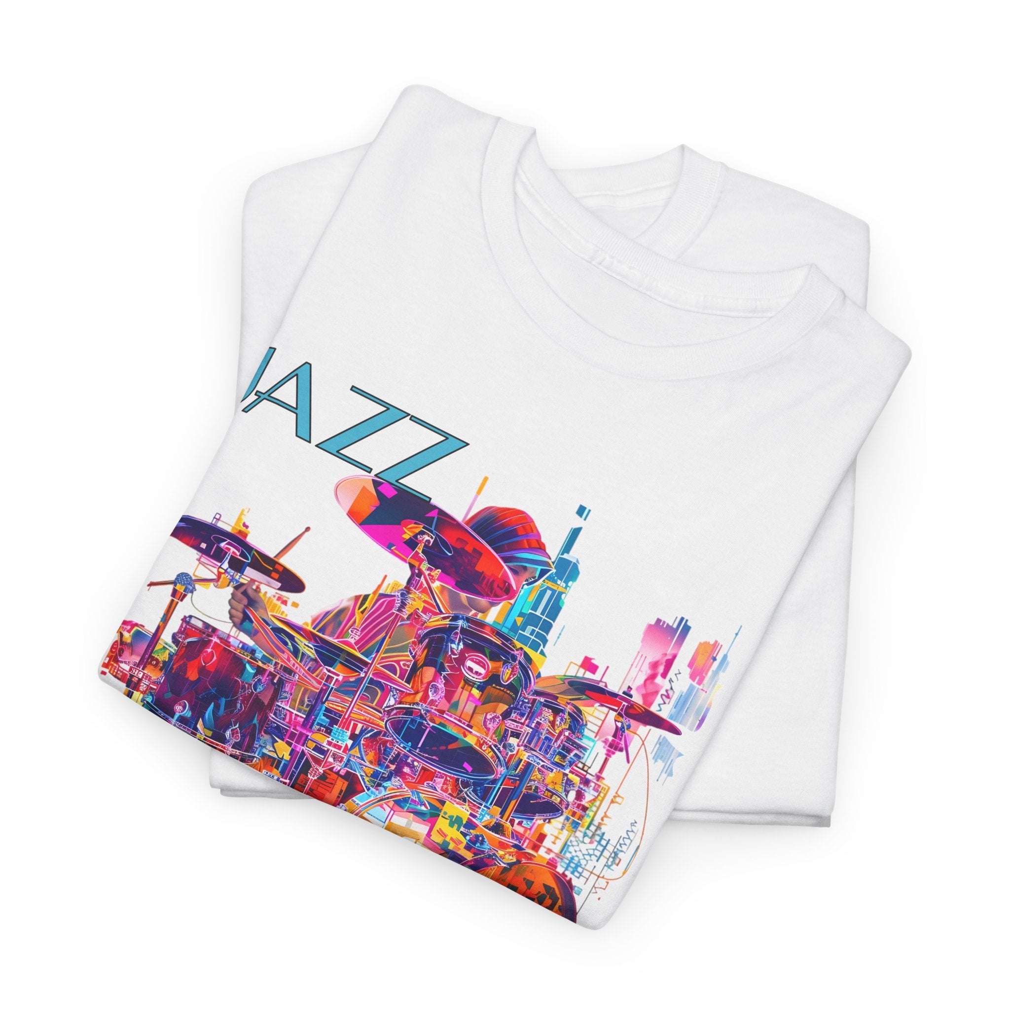 A black or white t shirt with a multi coloured design of a drummer playing. The text says ‘Jazz Rhythm’