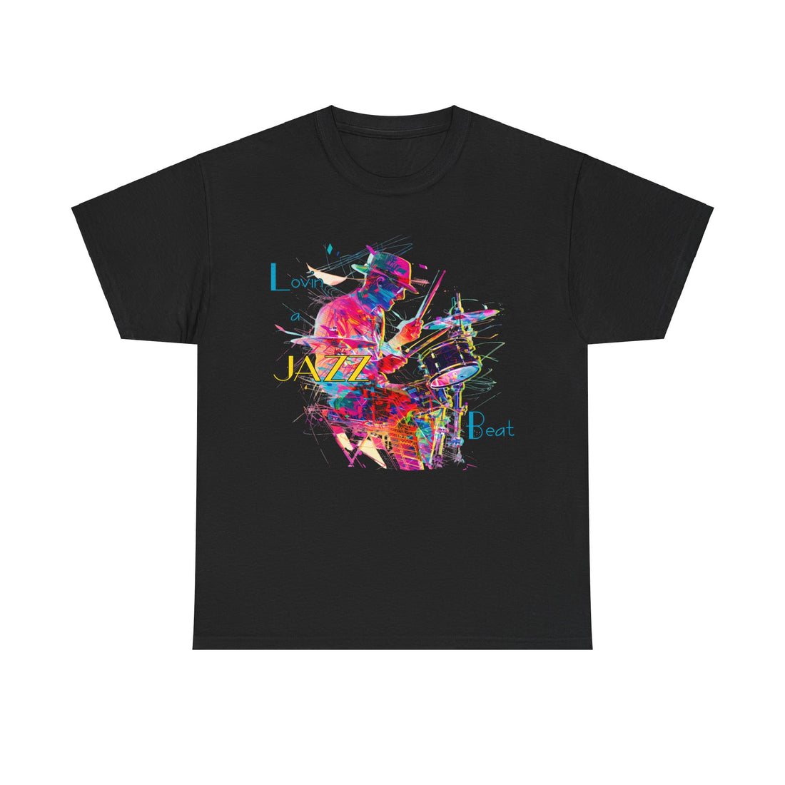 A black or white t shirt with an image of a jazz drummer in vibrant colours. The accompanying text states ‘Lovin a Jazz Beat’