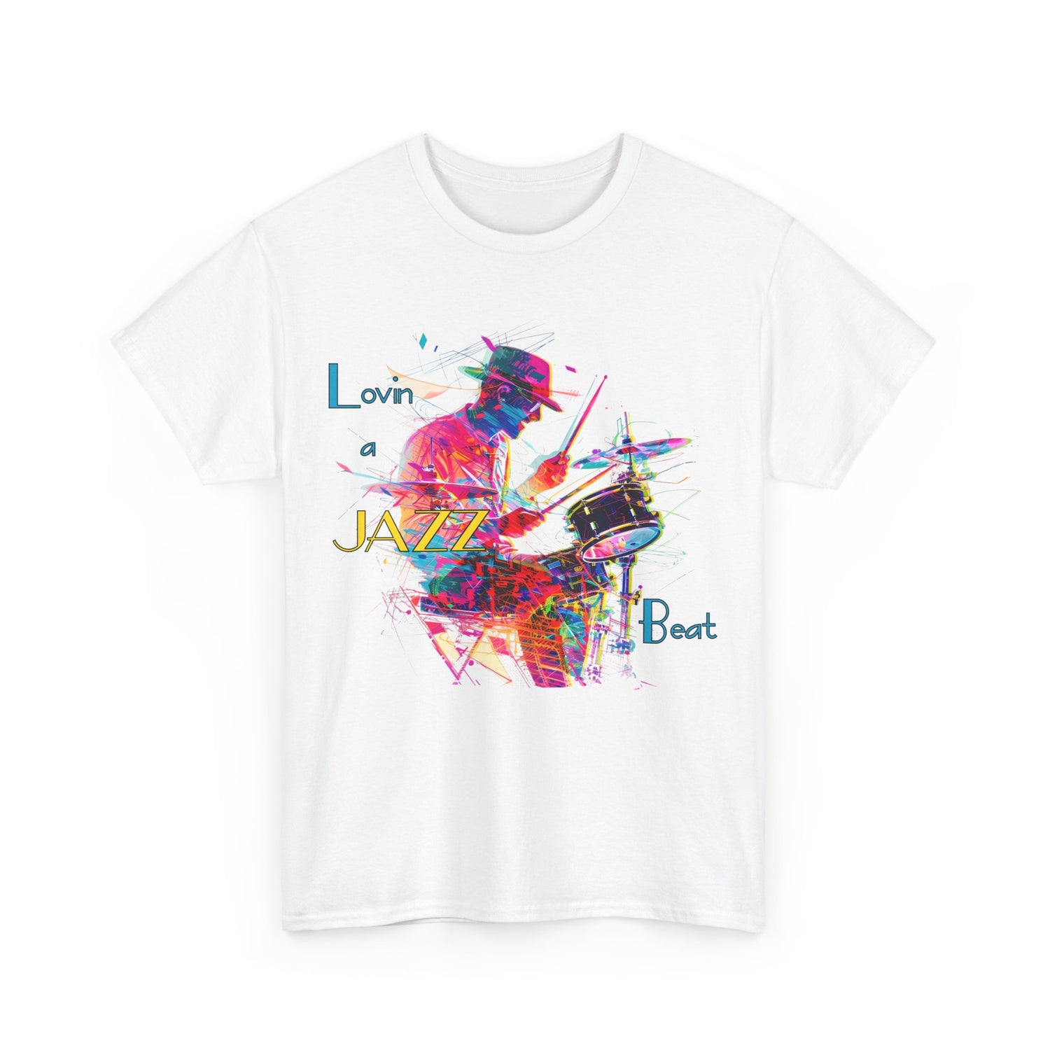 A black or white t shirt with an image of a jazz drummer in vibrant colours. The accompanying text states ‘Lovin a Jazz Beat’