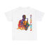 A white t shirt with multiple coloured image. The text has an abstract font saying ‘Jazz Saxophone’
