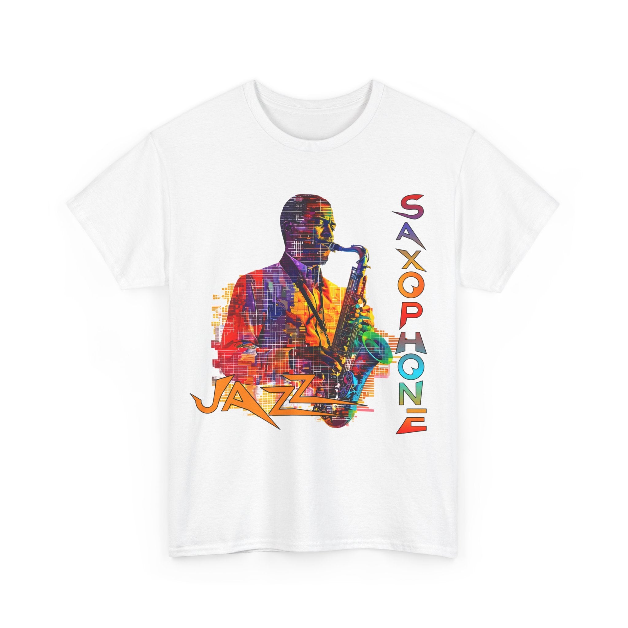 A white t shirt with multiple coloured image. The text has an abstract font saying ‘Jazz Saxophone’