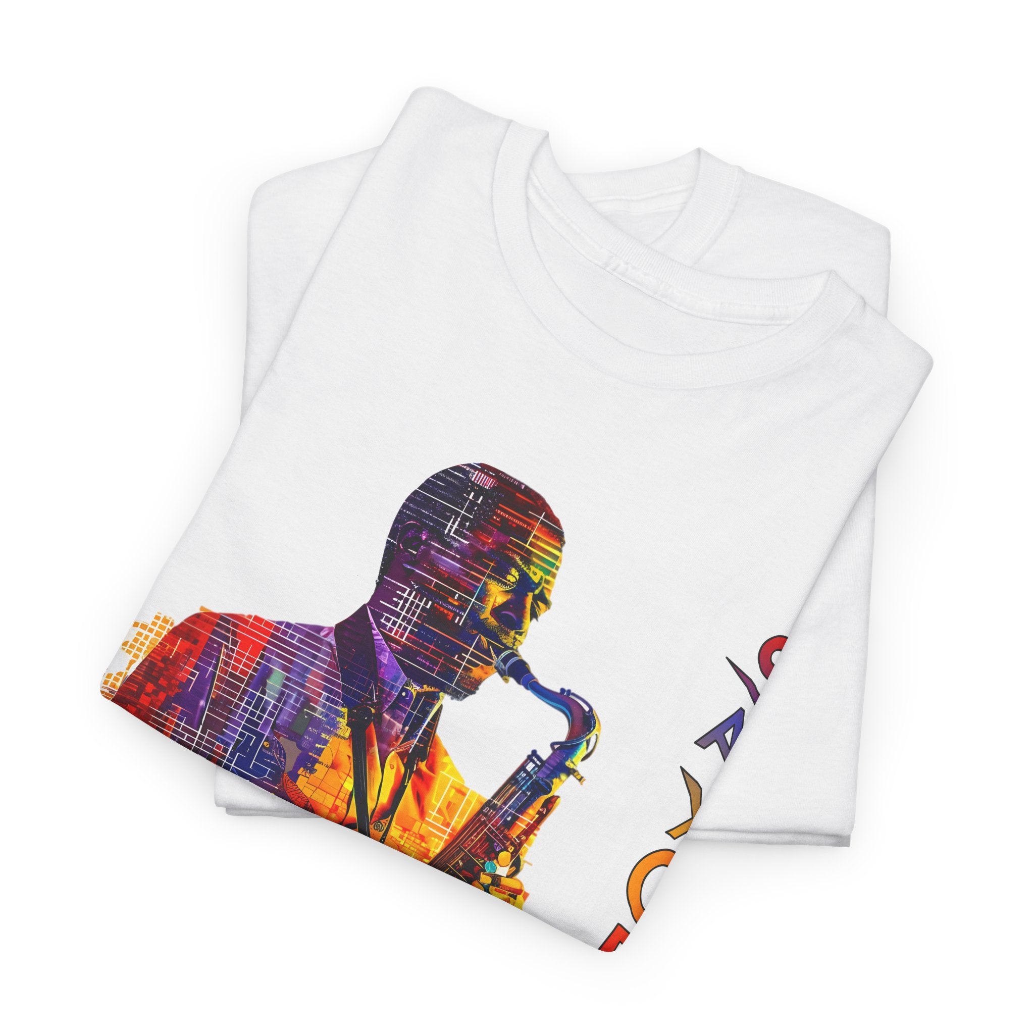 A white t shirt with multiple coloured image. The text has an abstract font saying ‘Jazz Saxophone’