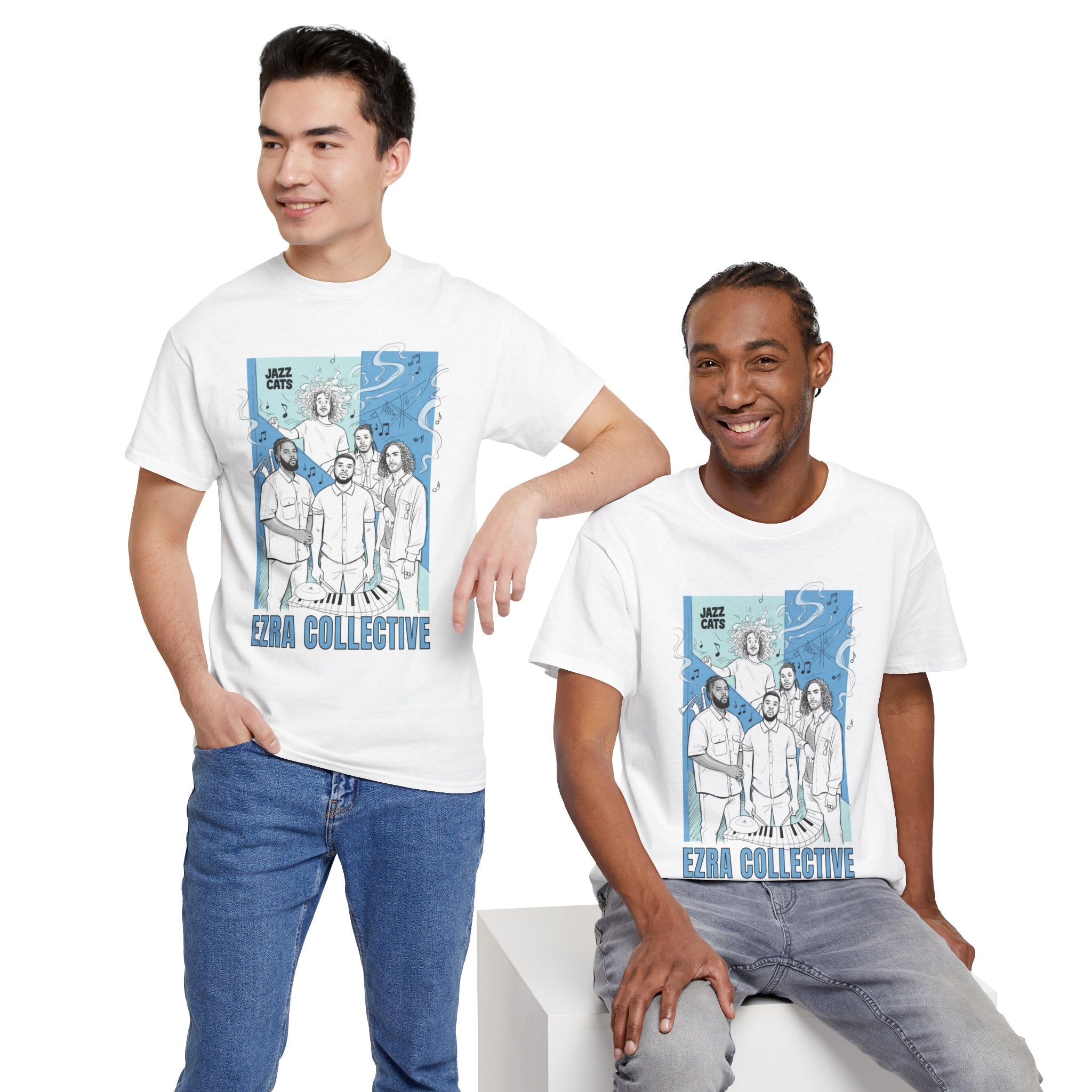 Two men wearing t-shirts with a graphic design and &