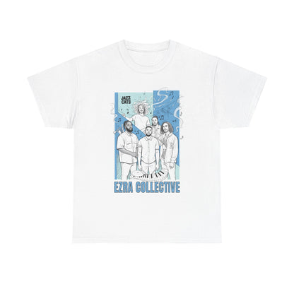 White t-shirt with graphic design of a group of people and &