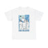 White t-shirt with graphic design of a group of people and &