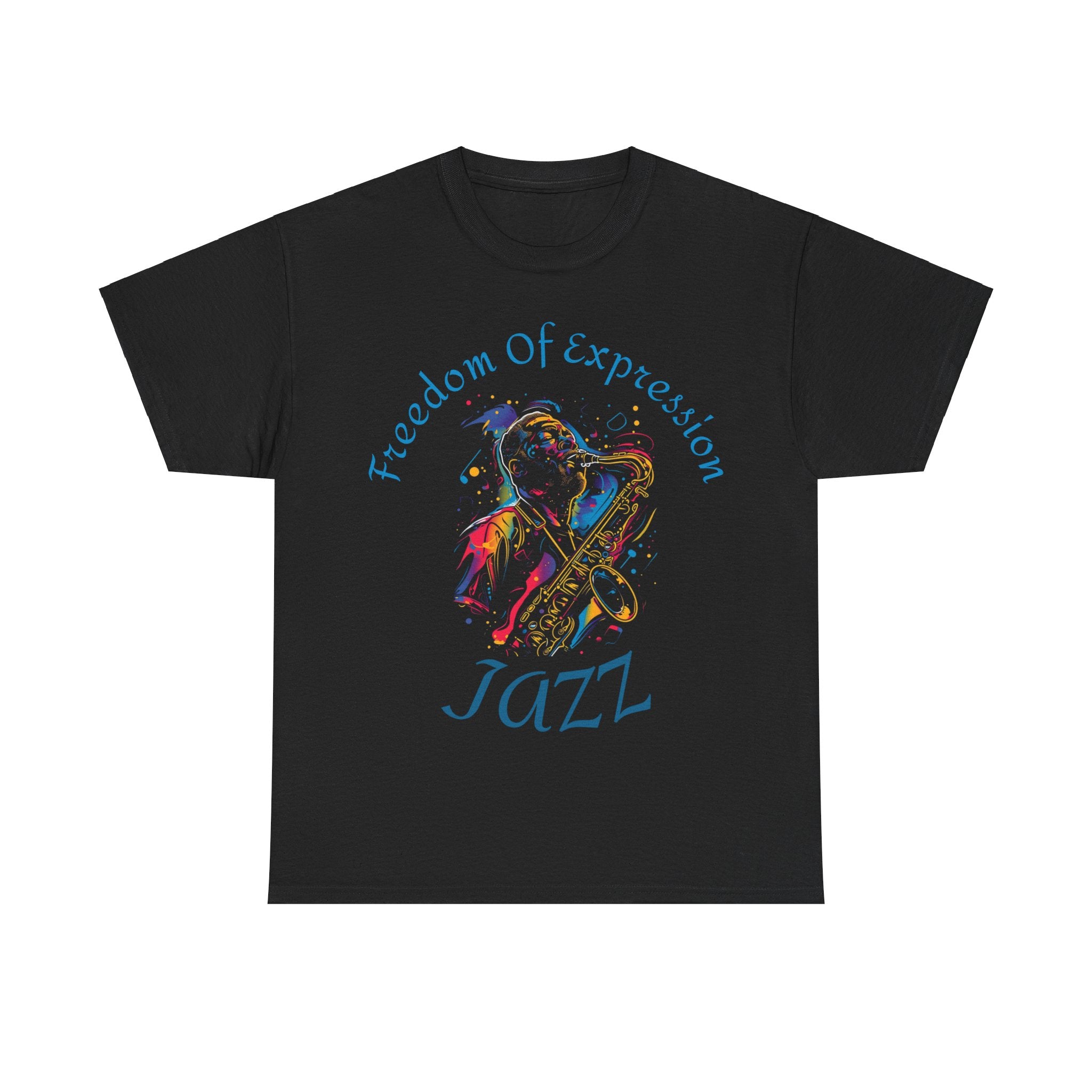 A black t shirt with an abstract image of a man playing a saxophone with the words Freedom of Expression - JAZZ in a circle surrounding the image.