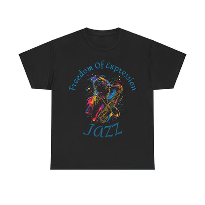 A black t shirt with an abstract image of a man playing a saxophone with the words Freedom of Expression - JAZZ in a circle surrounding the image.