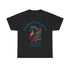 A black t shirt with an abstract image of a man playing a saxophone with the words Freedom of Expression - JAZZ in a circle surrounding the image.