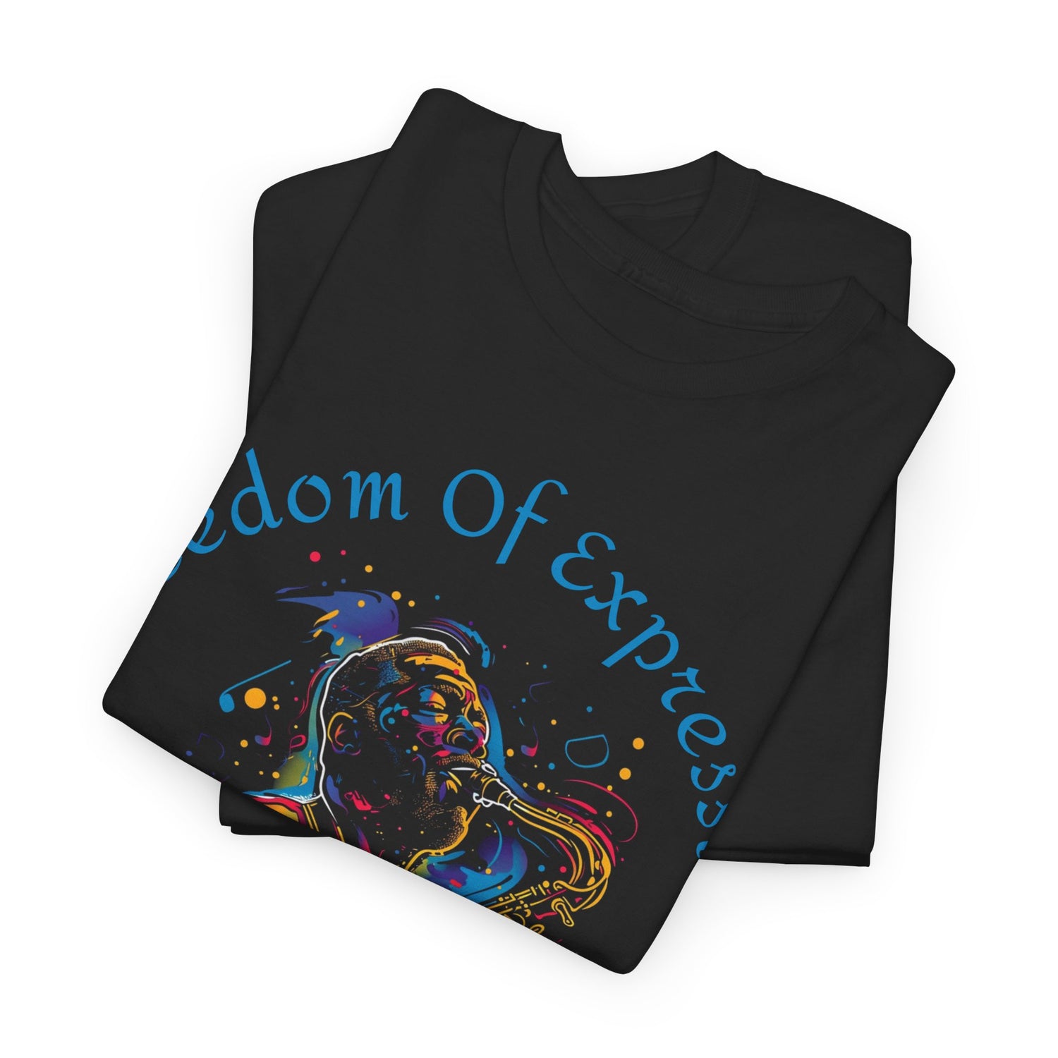 A black t shirt with an abstract image of a man playing a saxophone with the words Freedom of Expression - JAZZ in a circle surrounding the image.