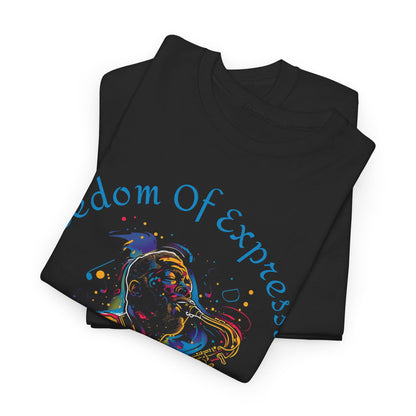 A black t shirt with an abstract image of a man playing a saxophone with the words Freedom of Expression - JAZZ in a circle surrounding the image.