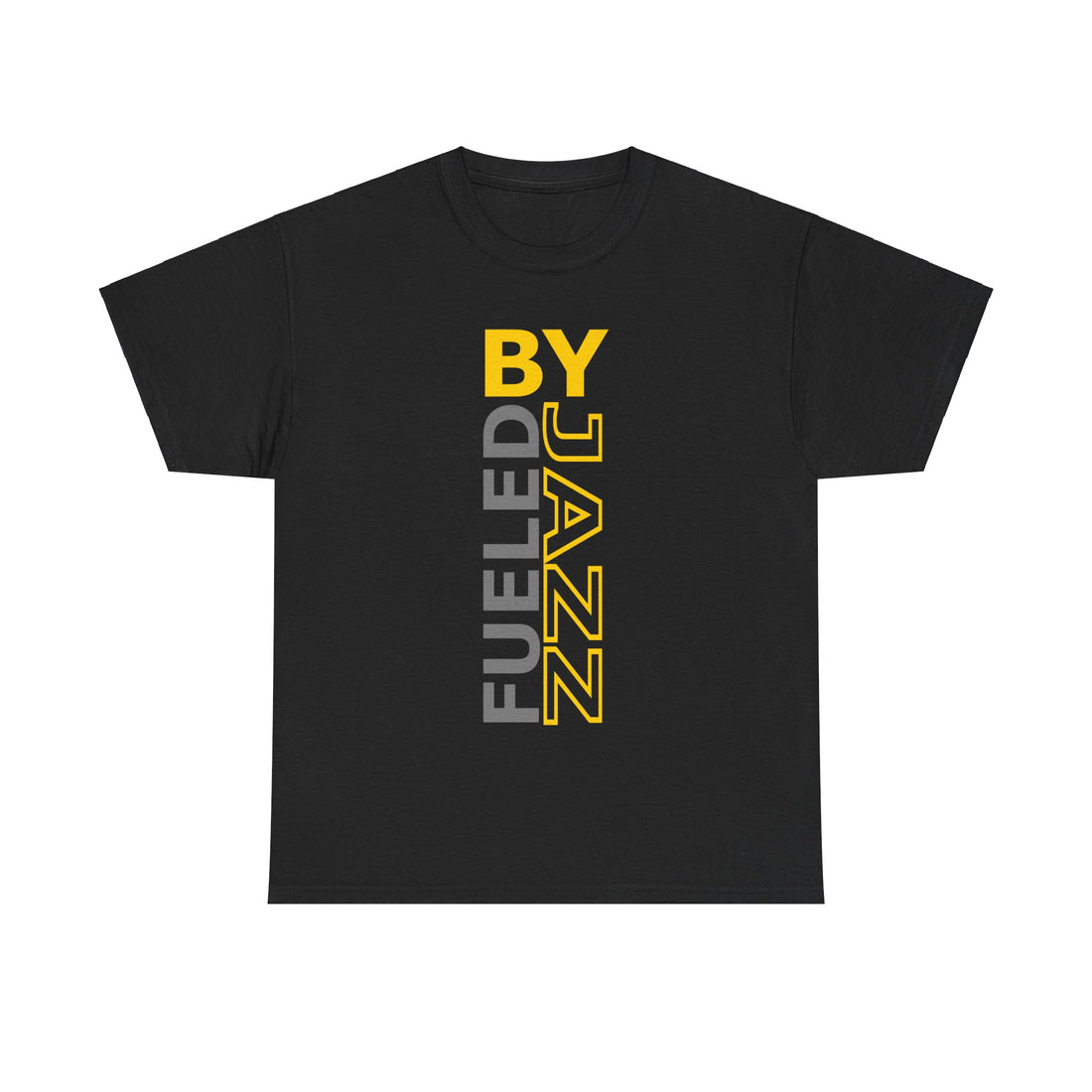 A t-shirt with a multi colored design using the words ‘Fueled by Jazz’