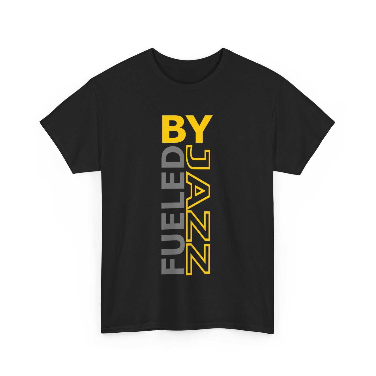 A t-shirt with a multi coloured design using the words ‘Fueled by Jazz’
