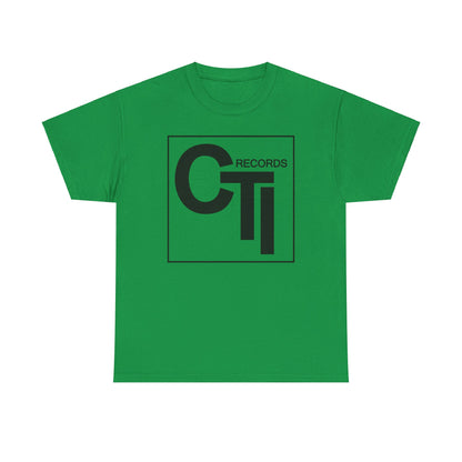 CTI Records Logo in black text on multi coloured t-shirts