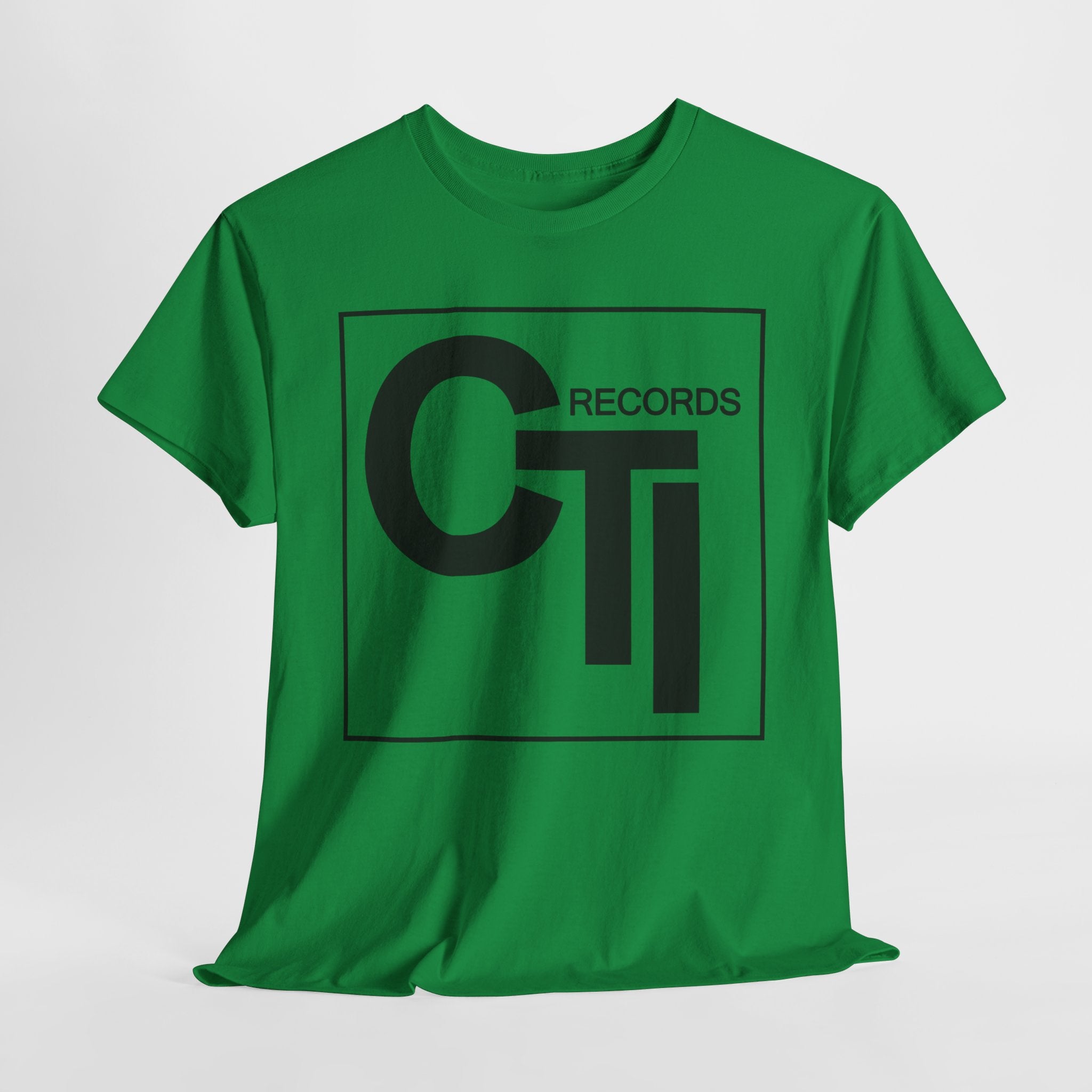 CTI Records Logo in black text on multi coloured t-shirts