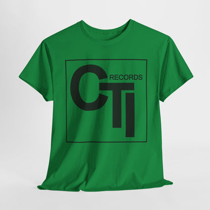 CTI Records Logo in black text on multi coloured t-shirts