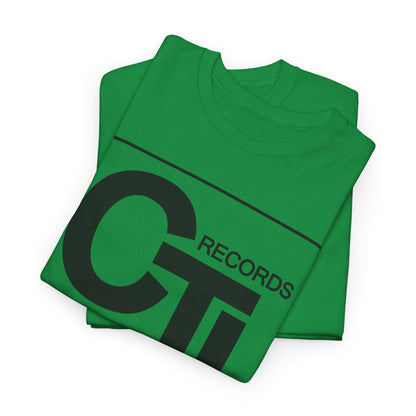 CTI Records Logo in black text on multi coloured t-shirts