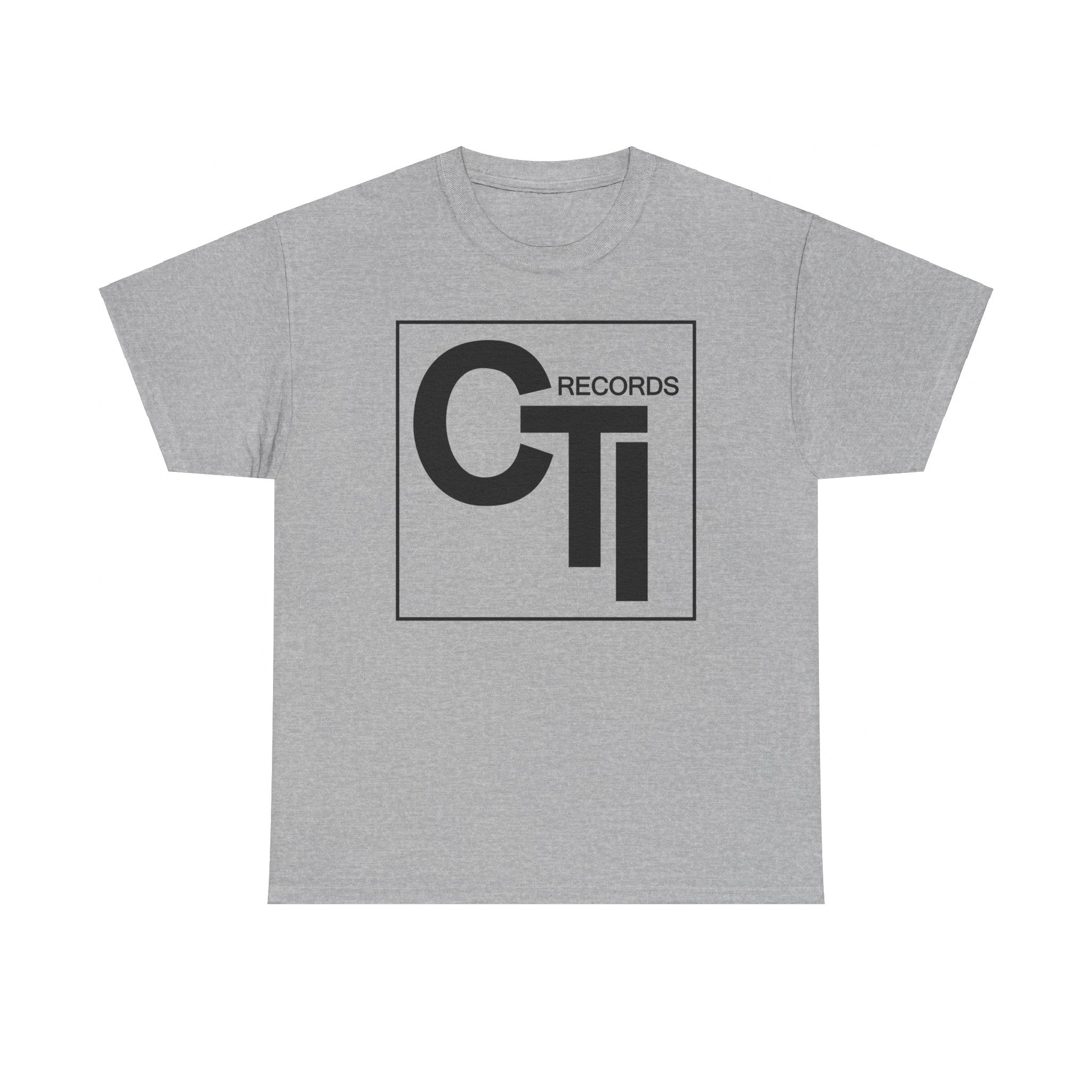 CTI Records Logo in black text on multi coloured t-shirts