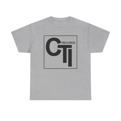 CTI Records Logo in black text on multi coloured t-shirts