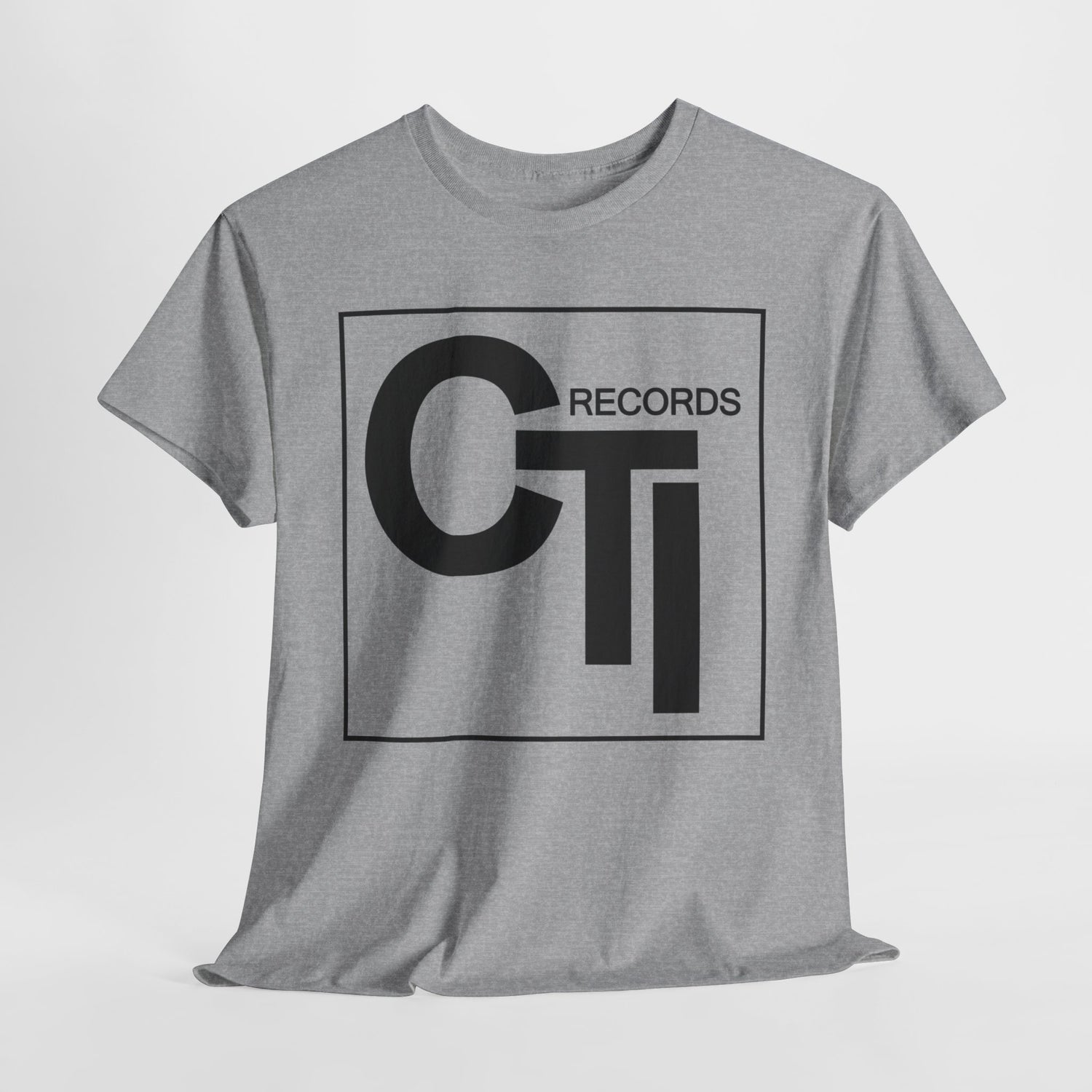 CTI Records Logo in black text on multi coloured t-shirts