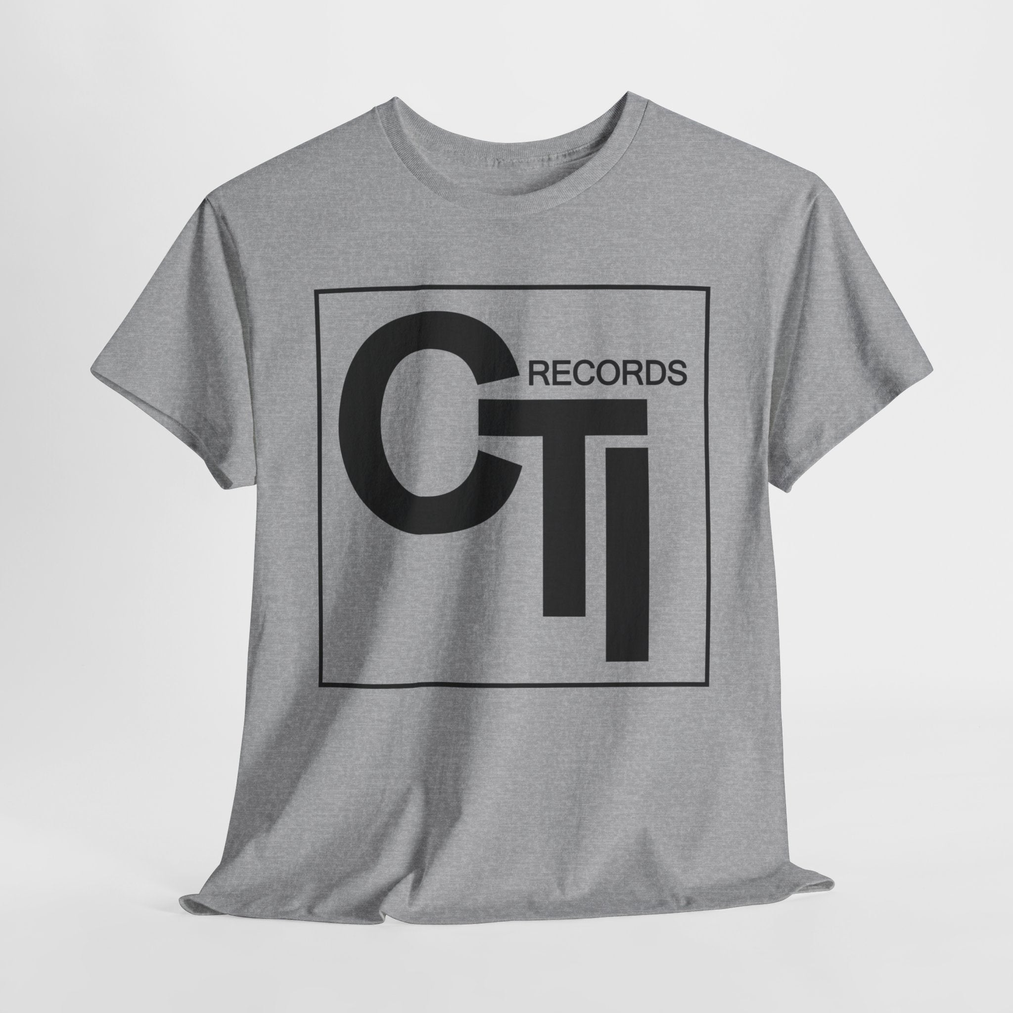 CTI Records Logo in black text on multi coloured t-shirts
