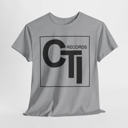 CTI Records Logo in black text on multi coloured t-shirts