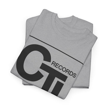 CTI Records Logo in black text on multi coloured t-shirts