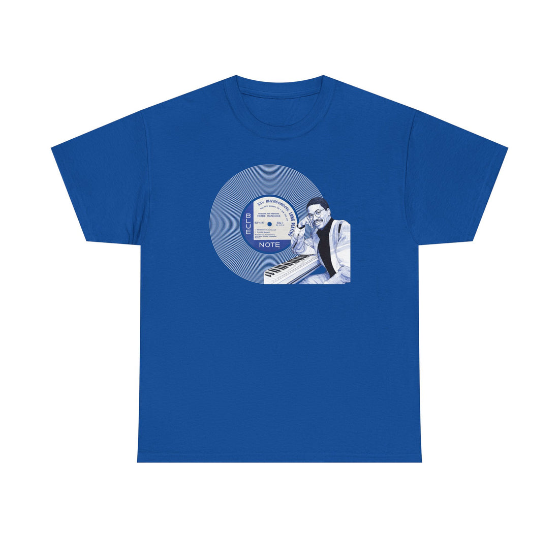 Blue t-shirt with a graphic of Herbie Hancock playing a piano on a white background