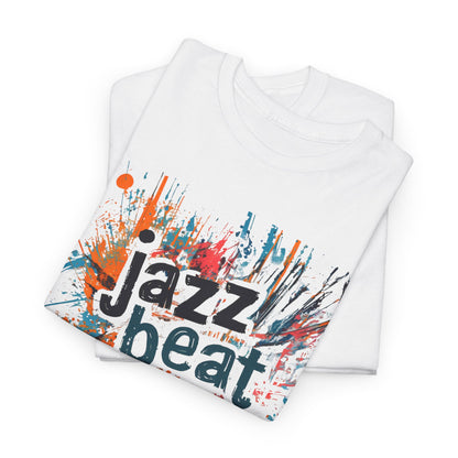 A white t shirt with an abstract blotched paint design with the words ‘Jazz Beat’ incorporated into the image.
