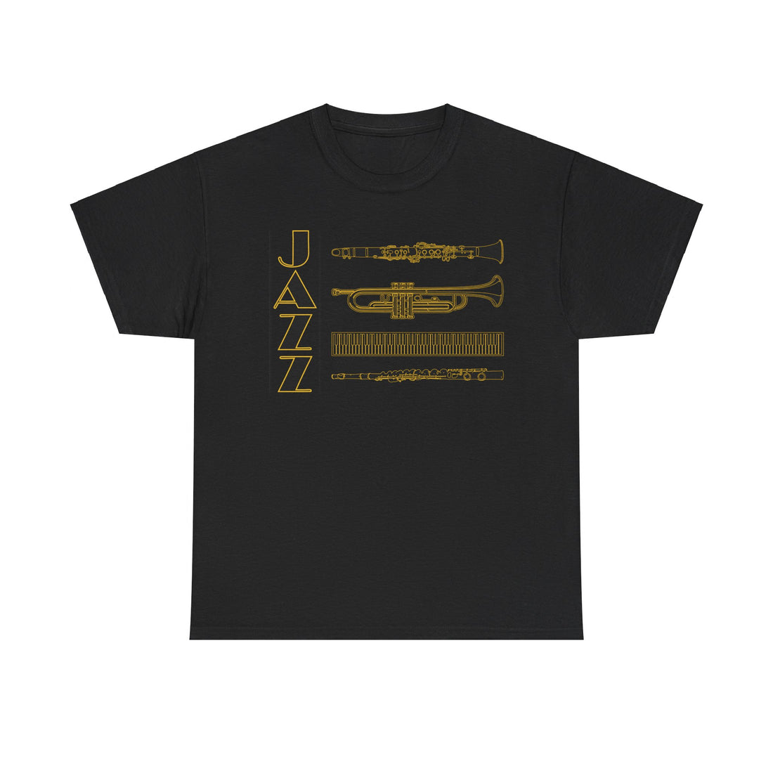 Jazz musical instruments t shirt in various colours with text saying ‘JAZZ’