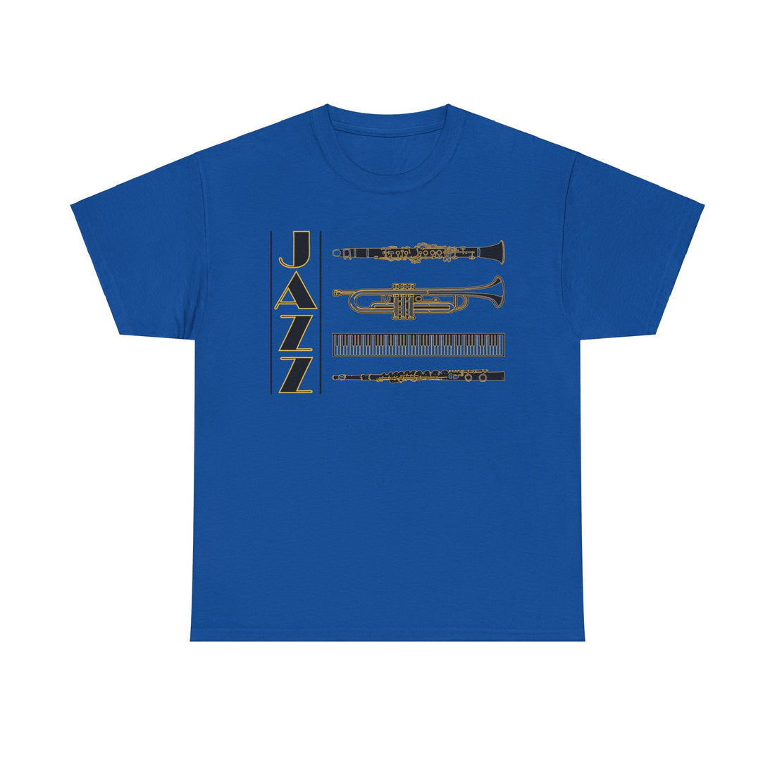 Jazz musical instruments t shirt in various colours with text saying ‘JAZZ’